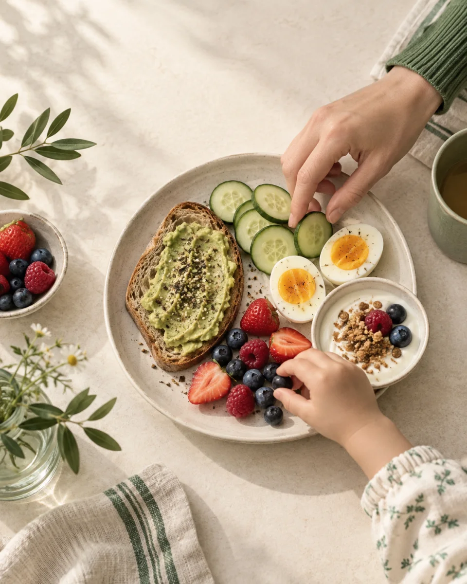 A parent and child reaching for a varied meal of toast, fruit, cucumber, egg, and yogurt
